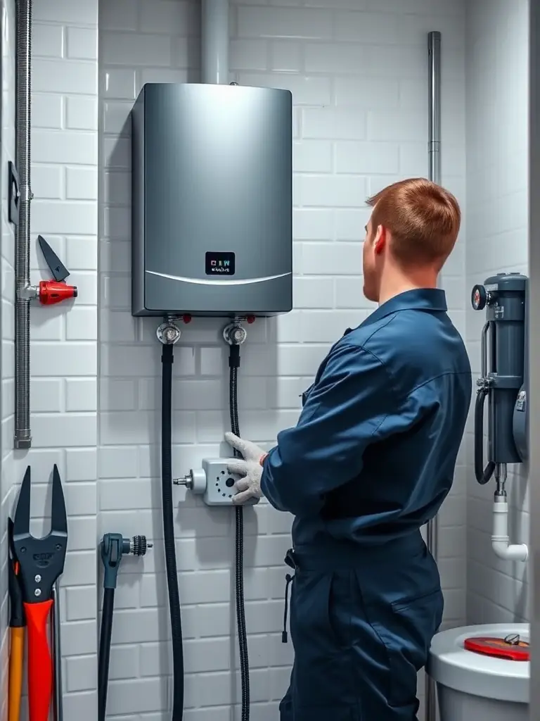 A technician is shown installing a new tankless water heater in a home, ensuring efficient and reliable hot water supply.