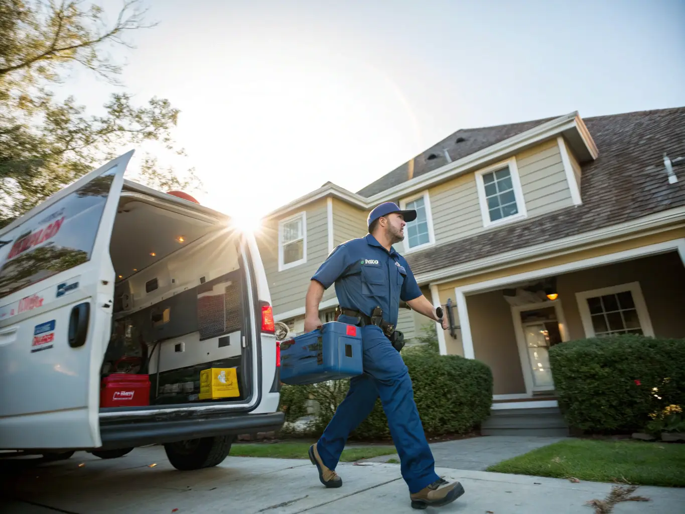 A PipingCraft emergency response vehicle is shown arriving at a residential property, illustrating the company's commitment to fast and reliable emergency plumbing services.