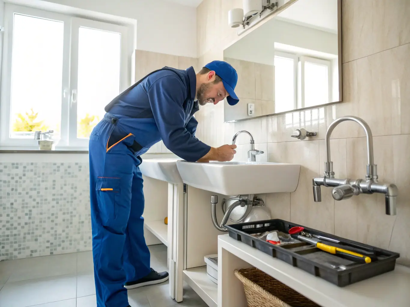 A PipingCraft technician is shown expertly repairing a leaky faucet in a modern bathroom, showcasing the company's commitment to quality plumbing repairs.
