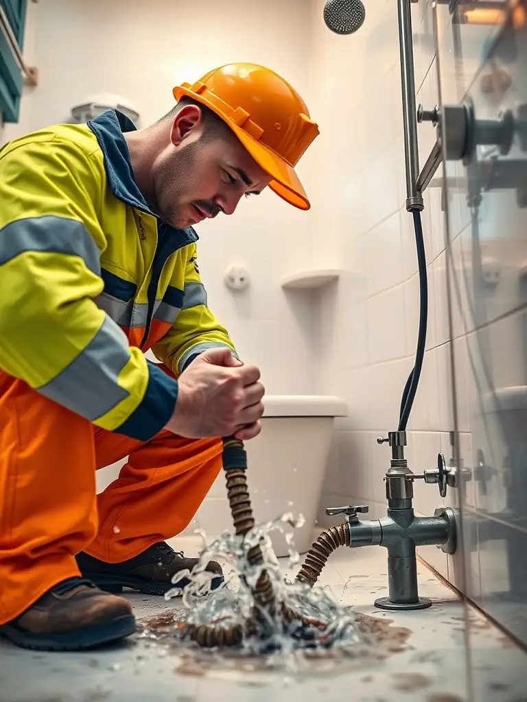 A professional plumber is using a drain snake to effectively clear a clogged drain in a commercial building, ensuring smooth operations.