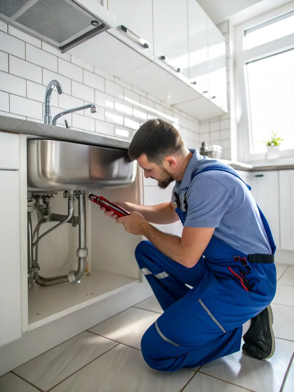 A technician is shown expertly repairing a leaking pipe under a kitchen sink, using professional tools to ensure a secure and lasting fix.