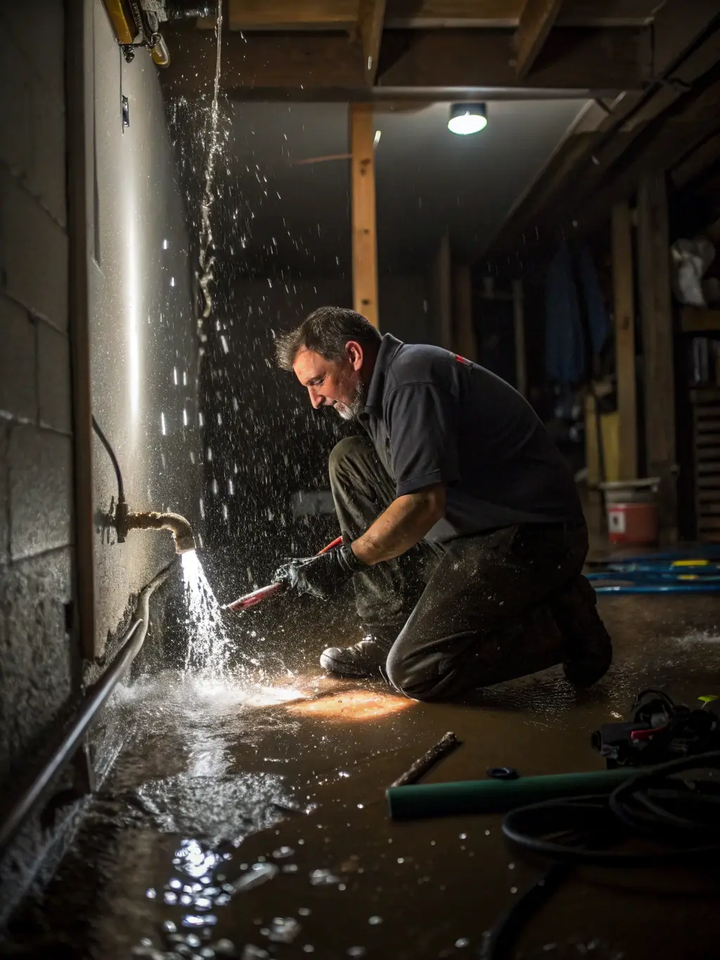 A technician is responding quickly to a burst pipe emergency in a residential basement, minimizing damage and restoring the plumbing system.
