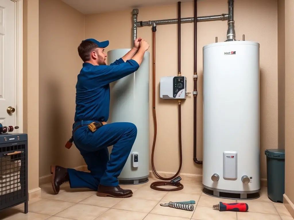 A technician is installing a new, energy-efficient water heater in a home, highlighting PipingCraft's water heater services.
